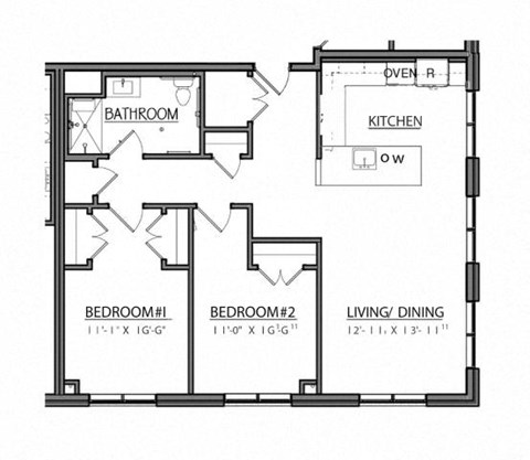 Floor plan for 2 beds, 1 bath, 1043 sqft